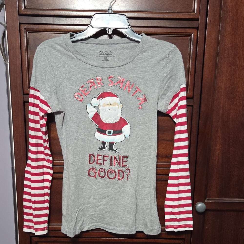 Rudolph Graphic Santa Tshirt With Red And White Striped Long Sleeves Juniors M